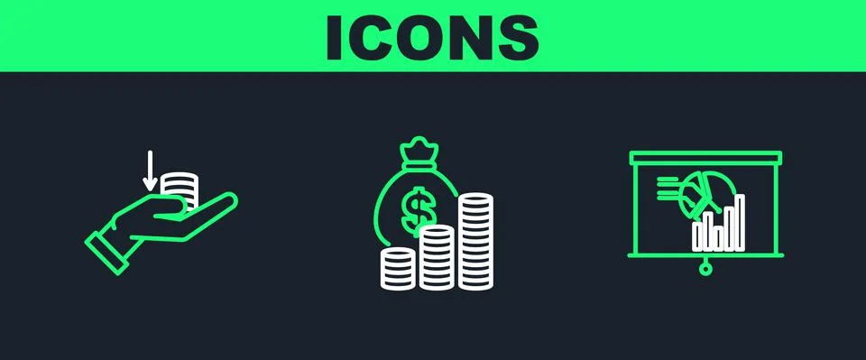 Set line Board with graph chart, Money on hand and bag coin icon. Vector Illustrazione stock