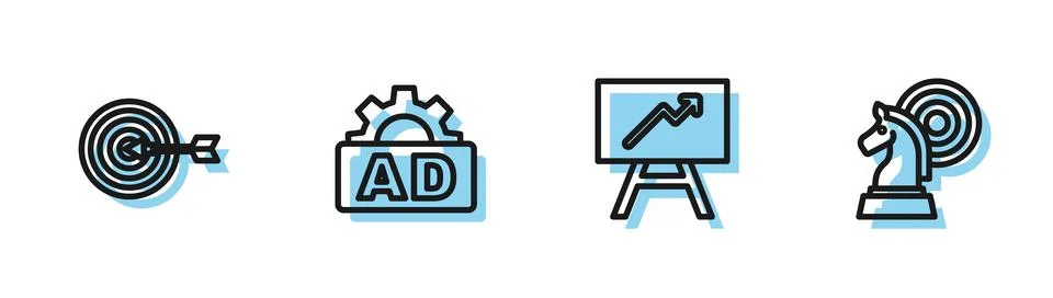 Set line Board with graph chart, Target, Advertising and Chess icon. Vector Illustrazione stock