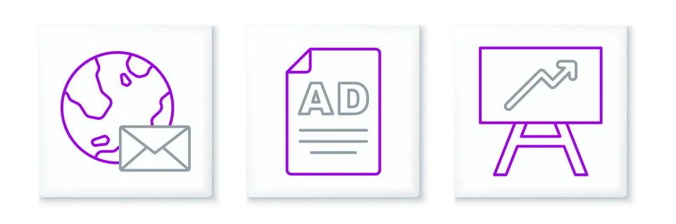 Set line Board with graph chart, Earth globe mail and Advertising icon. Vector Illustrazione stock