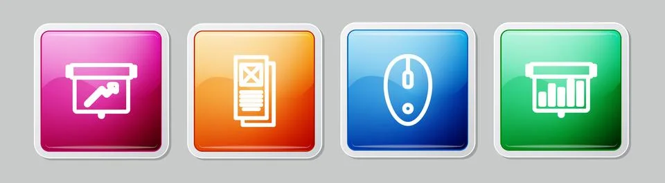 Set line Board with graph chart, Browser window, Computer mouse and . Colorful Illustrazione stock