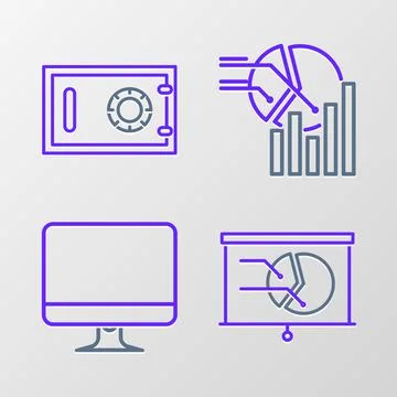 Set line Board with graph chart, Computer monitor screen, Pie infographic and Illustrazione stock
