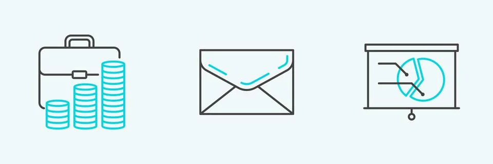 Set line Board with graph chart, Briefcase and coin and Envelope icon. Vector Stock Illustration
