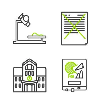 Set line Board with graph chart, School building, Exam paper incorrect answers Ilustración de archivo