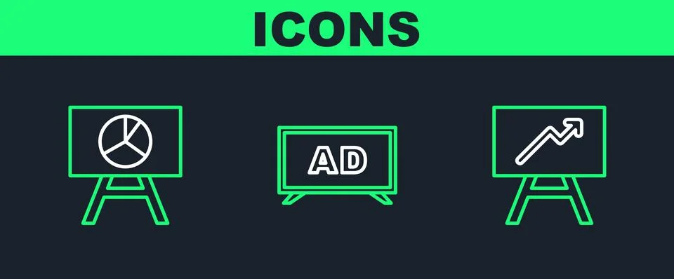 Set line Board with graph chart, and Advertising icon. Vector Stock Illustration