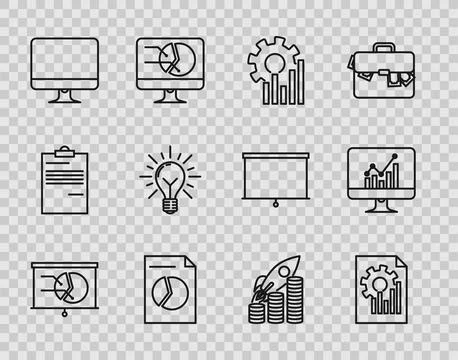 Set line Board with graph chart, Document, Pie infographic, Computer monitor  Stock-Illustration