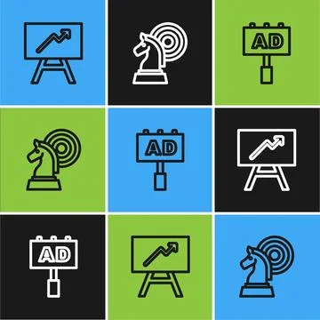 Set line Board with graph chart, Advertising and Chess icon. Vector Stock Illustration