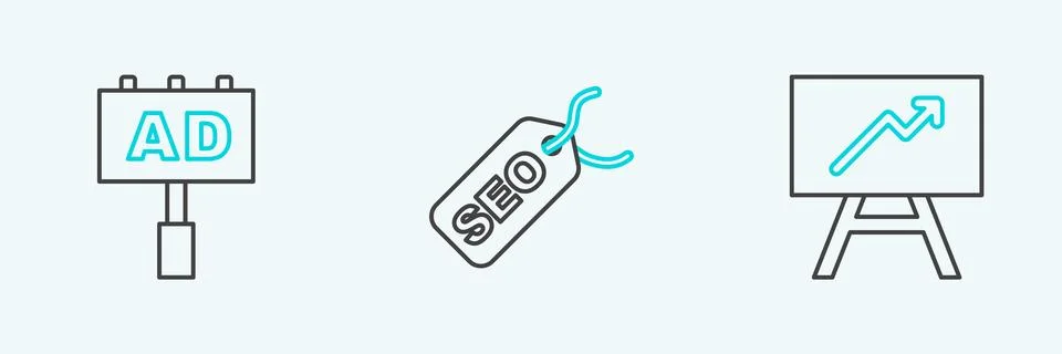 Set line Board with graph chart, Advertising and SEO optimization icon. Vector Illustrazione stock