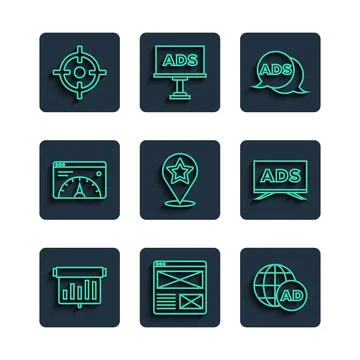 Set line Board with graph chart, Browser window, Advertising, Map pointer star Stock Illustration
