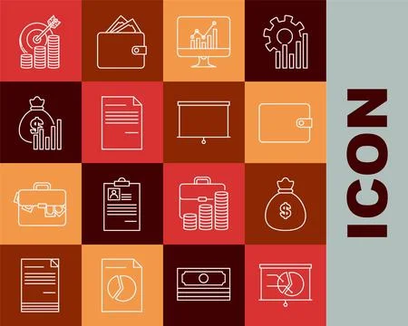 Set line Board with graph chart, Money bag, Wallet, Computer monitor, Document Illustrazione stock