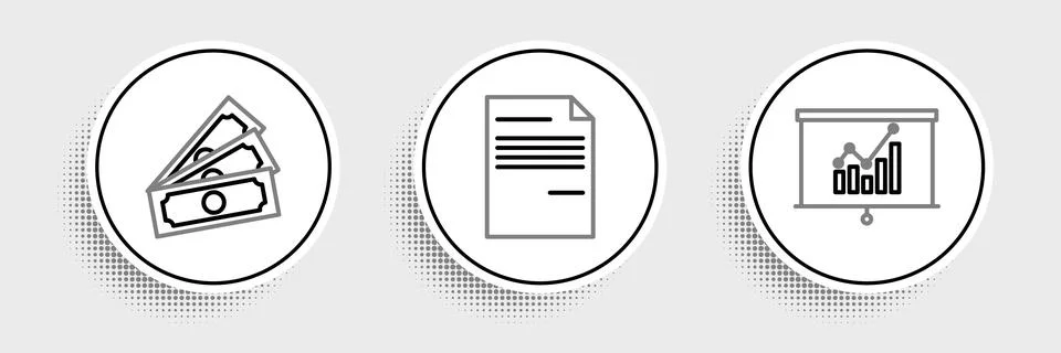 Set line Board with graph chart, Stacks paper money cash and Document icon Stock Illustration
