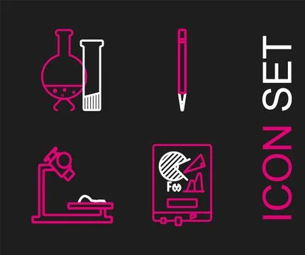 Set line Board with graph chart, Microscope, Pencil eraser and Test tube and Stock Illustration