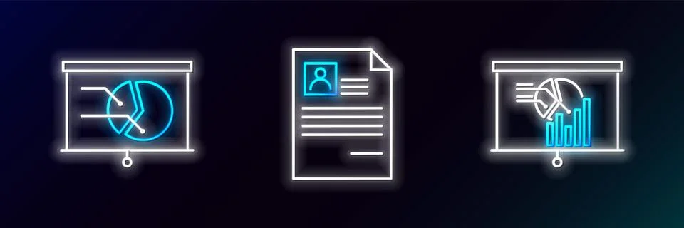 Set line Board with graph chart, and Resume icon. Glowing neon. Vector Illustrazione stock