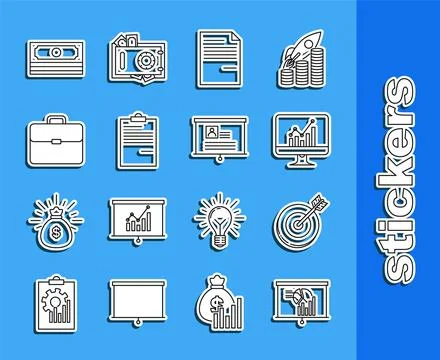 Set line Board with graph chart, Target, Computer monitor, Document, Briefcase Illustrazione stock