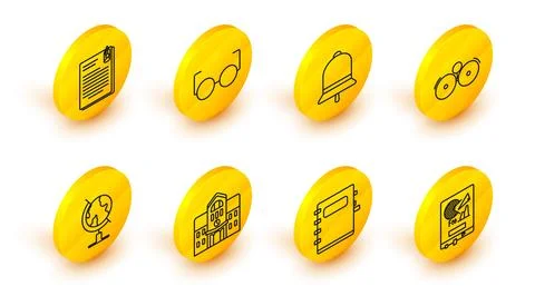 Set line Board with graph chart, Notebook, School building, Earth globe, Ringing Ilustración de archivo