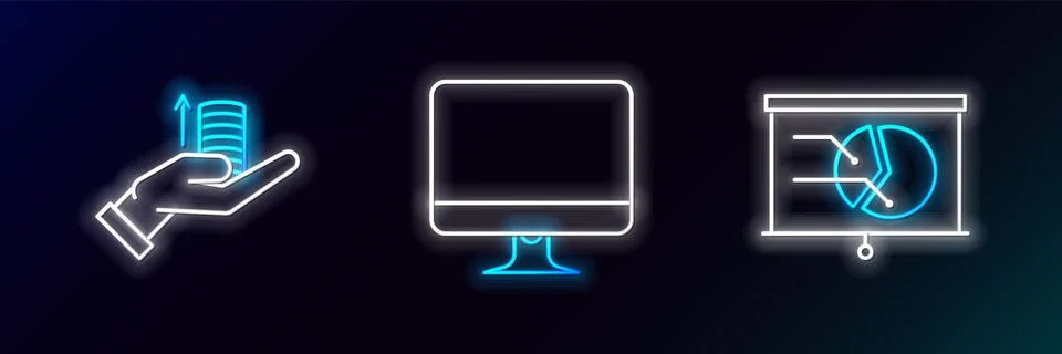 Set line Board with graph chart Money on hand and Computer monitor screen ico Illustrazione stock