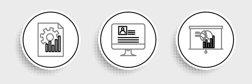 Set line Board with graph chart, Document and Computer monitor resume icon... Stock Illustration