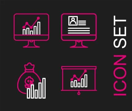 Set line Board with graph chart, Money bag and diagram, Computer monitor re.. Stock Illustration