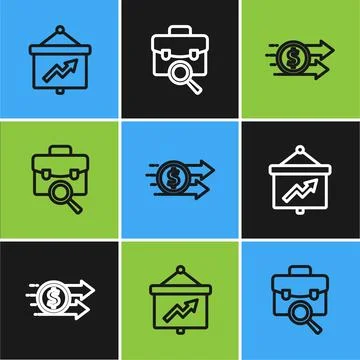 Set line Board with graph, Financial growth dollar and Work search icon. Vector Stock-Illustration