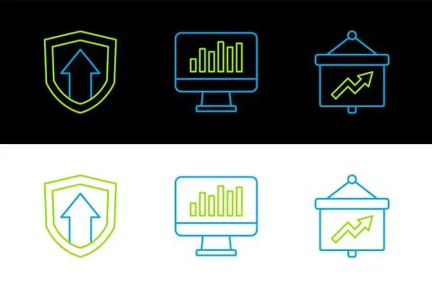 Set line Board with graph, Financial growth and Monitor chart icon. Vector Illustrazione stock