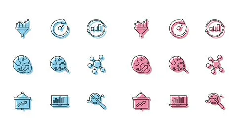 Set line Board with graph, Laptop chart, Sales funnel, Search data analysis Stock Illustration