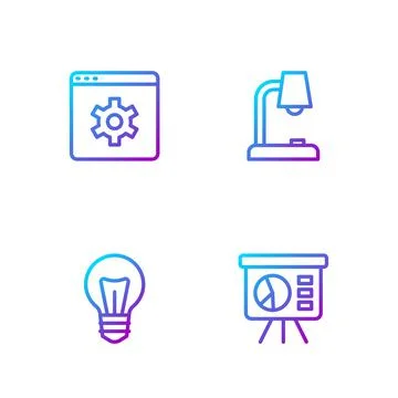 Set line Board with graph, Light bulb, Browser setting and Table lamp. Gradient Stock Illustration