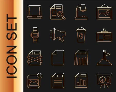 Set line Board with graph, Mountains flag on top, Identification badge, Table Stock Illustration