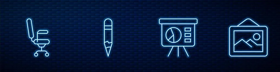 Set line Board with graph, Office chair, Pencil and Picture landscape. Glowing Stock Illustration