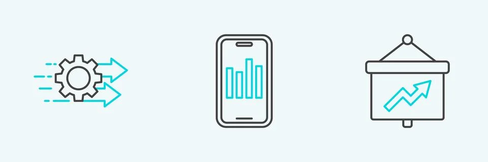 Set line Board with graph, Time management and Mobile icon. Vector 스톡 일러스트