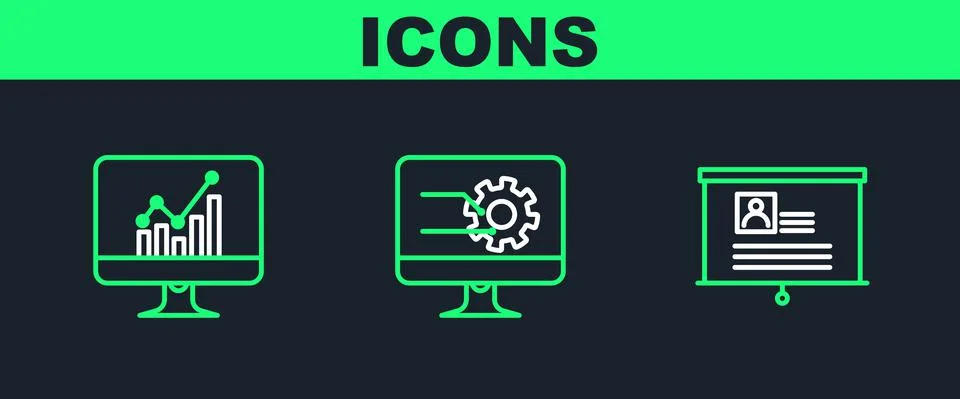 Set line Board with resume, Computer monitor graph chart and icon. Vector Illustrazione stock