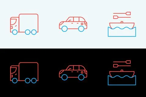 Set line Boat with oars, Delivery cargo truck and Hatchback icon. Vector Stock Illustration