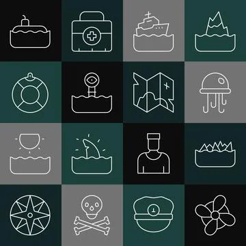 Set line Boat propeller, Sharp stone reefs, Jellyfish, Cruise ship, Periscope Stock Illustration