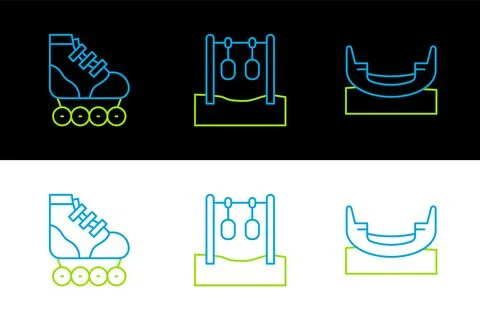 Set line Boat swing, Roller skate and Gymnastic rings icon. Vector Stock Illustration