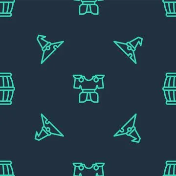 Set line Body armor, Witch hat and Gun powder barrel on seamless pattern. V.. Stock Illustration
