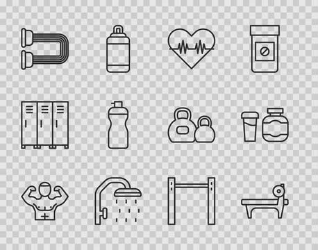 Set line Bodybuilder muscle, Bench with barbel, Heart rate, Shower head, Chest Illustrazione stock