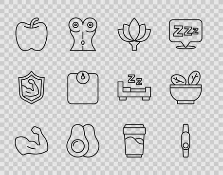 Set line Bodybuilder muscle, Smartwatch, Lotus flower, Avocado fruit, Apple.. イラスト素材