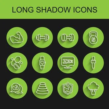 Set line Bodybuilder muscle, Stack hot stones, Broccoli, Smart watch, Pipet.. Stock Illustration