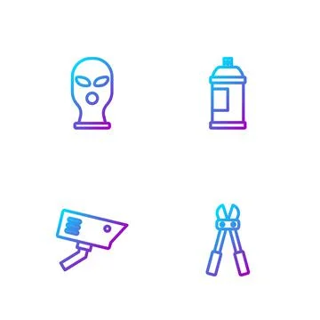 Set line Bolt cutter, Security camera, Balaclava and Paint spray can. Gradient Ilustración de archivo