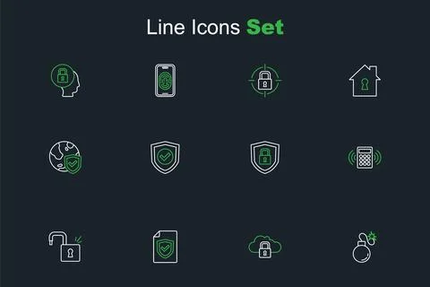 Set line Bomb Cloud computing lock Contract with shield Open padlock Security 스톡 일러스트