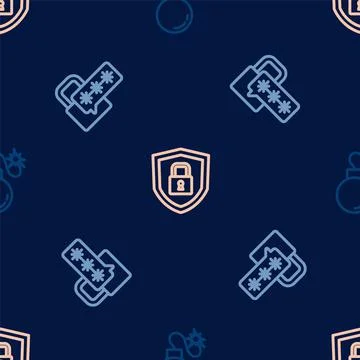 Set line Bomb, Cyber security and Shield with lock on seamless pattern. Vector イラスト素材