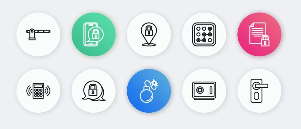 Set line Bomb, Document and lock, Security keypad access panel, Safe, Graph.. Illustrazione stock