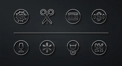 Set line Bomb explosion, Fragile broken glass, Dollar symbol, Temperature was Stock Illustration