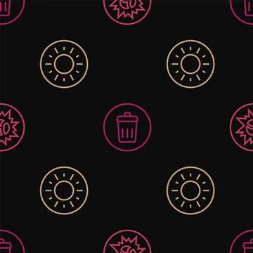 Set line Bomb explosion, Sun and Trash can on seamless pattern. Vector Illustrazione stock