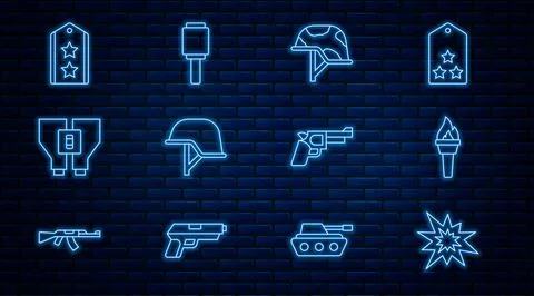 Set line Bomb explosion, Torch flame, Military helmet, Binoculars, rank, Pistol Illustrazione stock