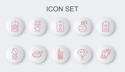 Set line Bomb explosive planet earth, Military reward medal, rank, Parachute Illustrazione stock
