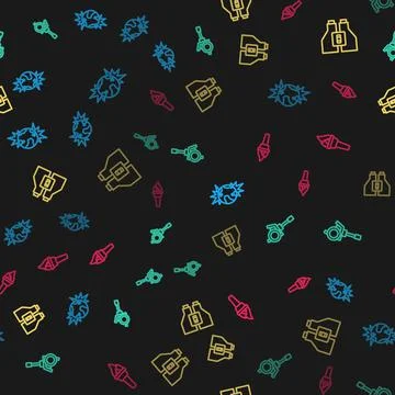 Set line Bomb explosive planet earth, Howitzer, Binoculars and Torch flame on Stock Illustration