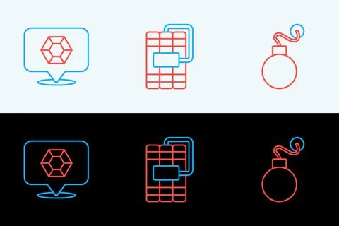 Set line Bomb, Gem stone and Dynamite icon. Vector Stock Illustration