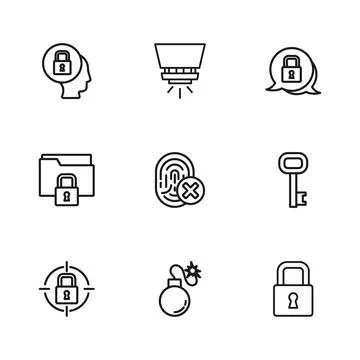 Set line Bomb, Old key, Lock, Cancelled fingerprint, Fire sprinkler system .. Illustrazione stock