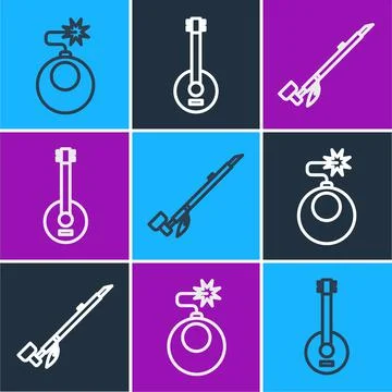 Set line Bomb ready to explode, Native American indian smoking pipe and Banjo Stockillustratie