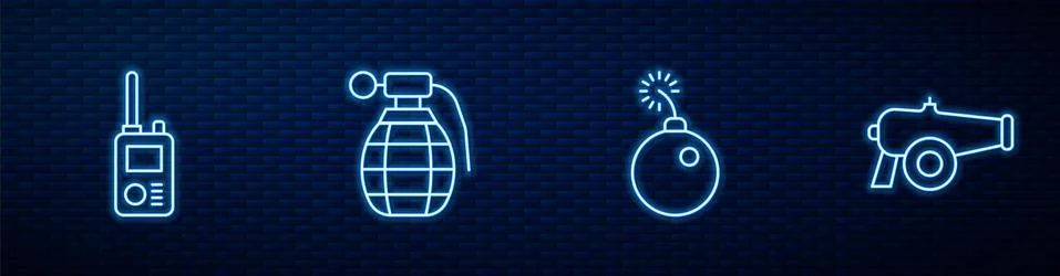 Set line Bomb ready to explode, Walkie talkie, Hand grenade and Cannon. Glowing Stock Illustration