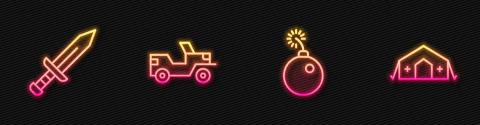 Set line Bomb ready to explode, Sword, Military jeep and medical tent. Glowing 스톡 일러스트